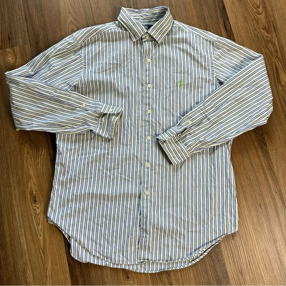 Polo Ralph Lauren Button Shirt Large Blue Striped Green Pony Long Sleeve Classic